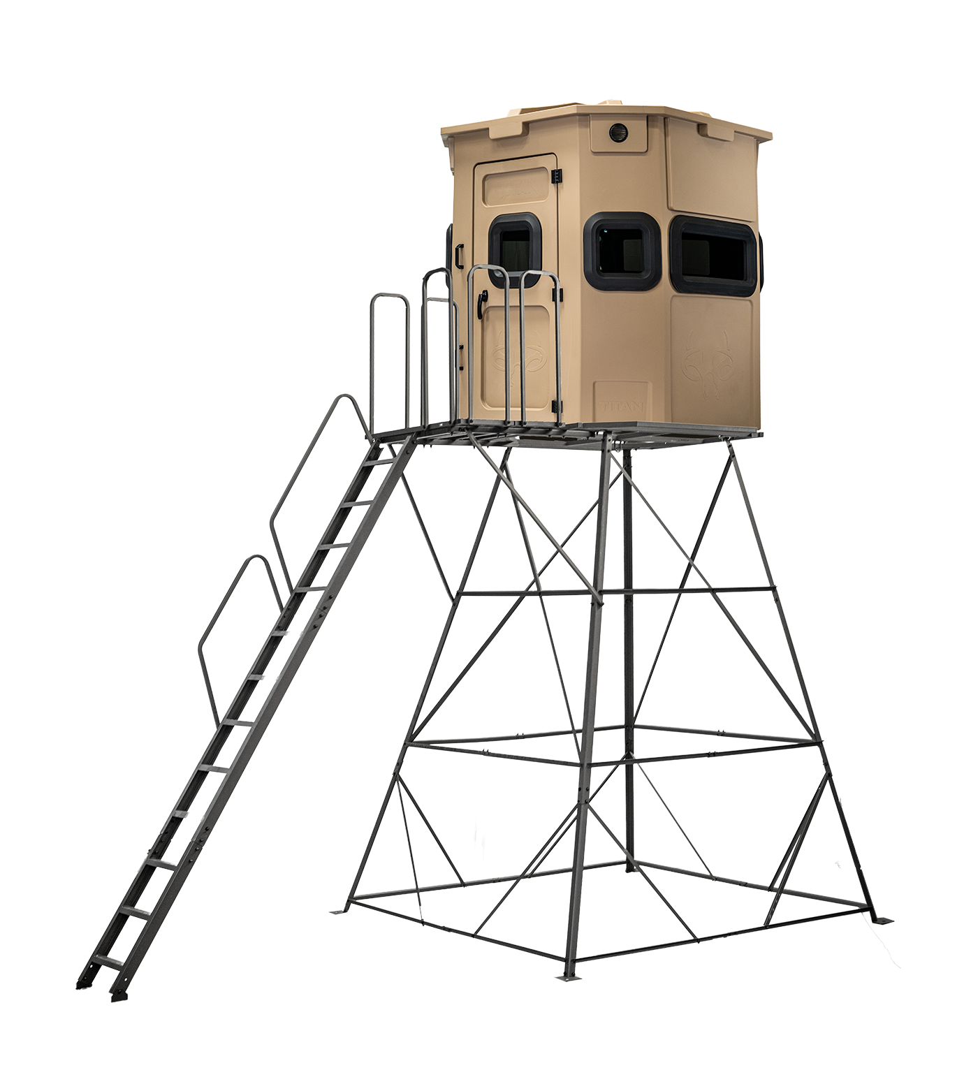 Titan Pro Rifle Blind in desert storm tan, mounted on a 12ft tower with ladder and extension