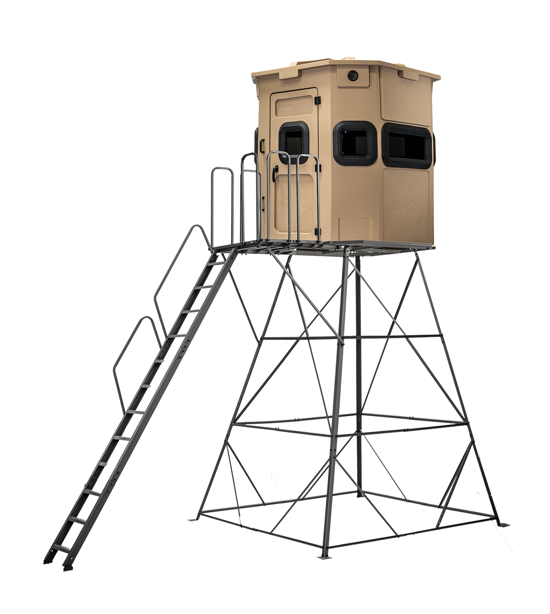 Titan Pro Rifle Blind in desert storm tan, mounted on a 12ft tower with ladder and extension