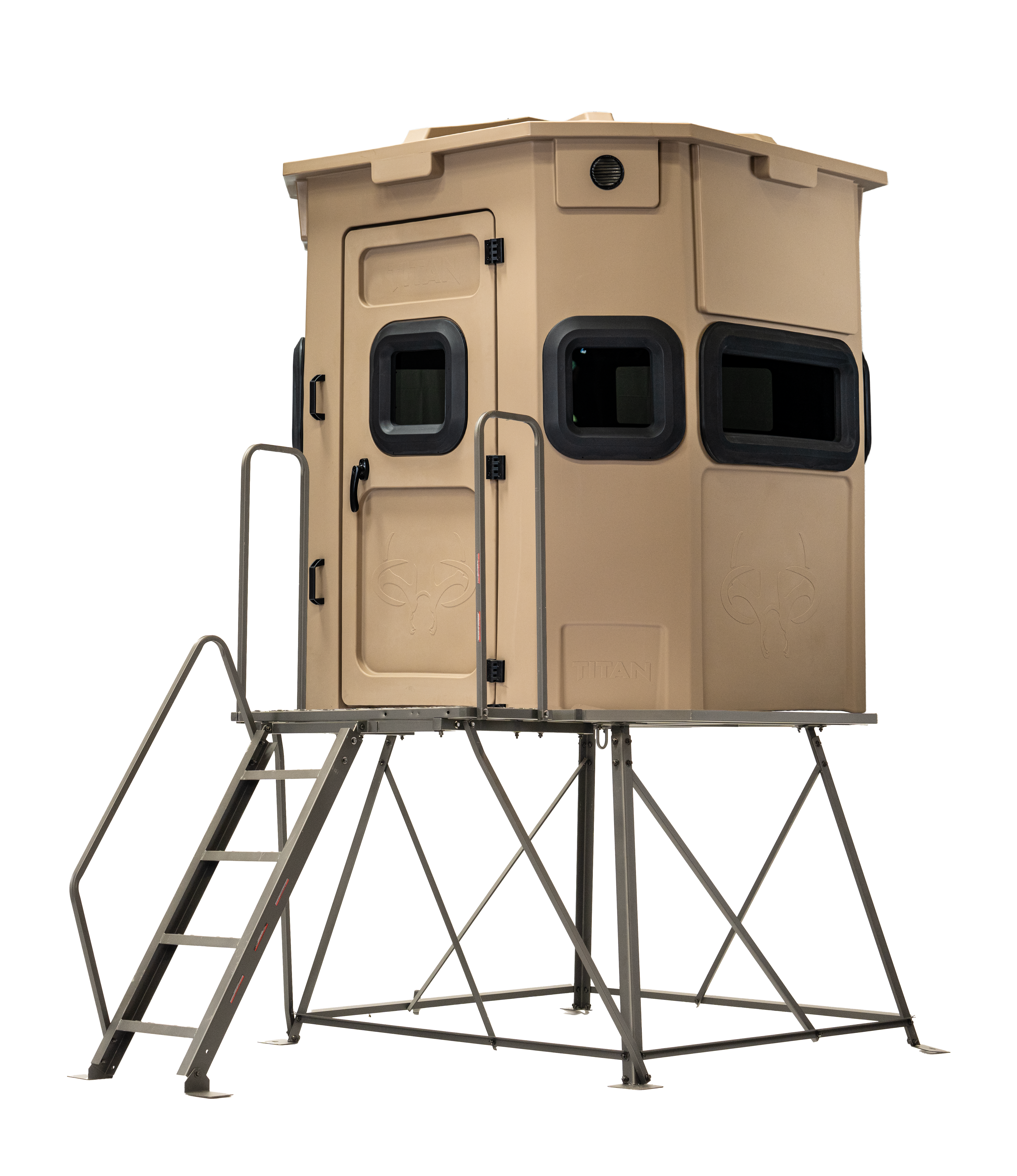 Titan Pro Rifle Blind in desert storm tan, mounted on a 4ft tower with ladder