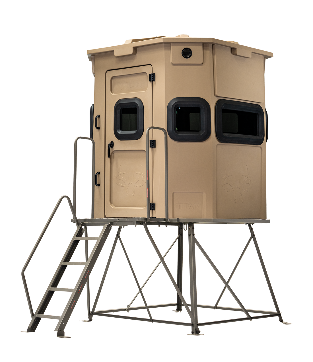 Titan Pro Rifle Blind in desert storm tan, mounted on a 4ft tower with ladder
