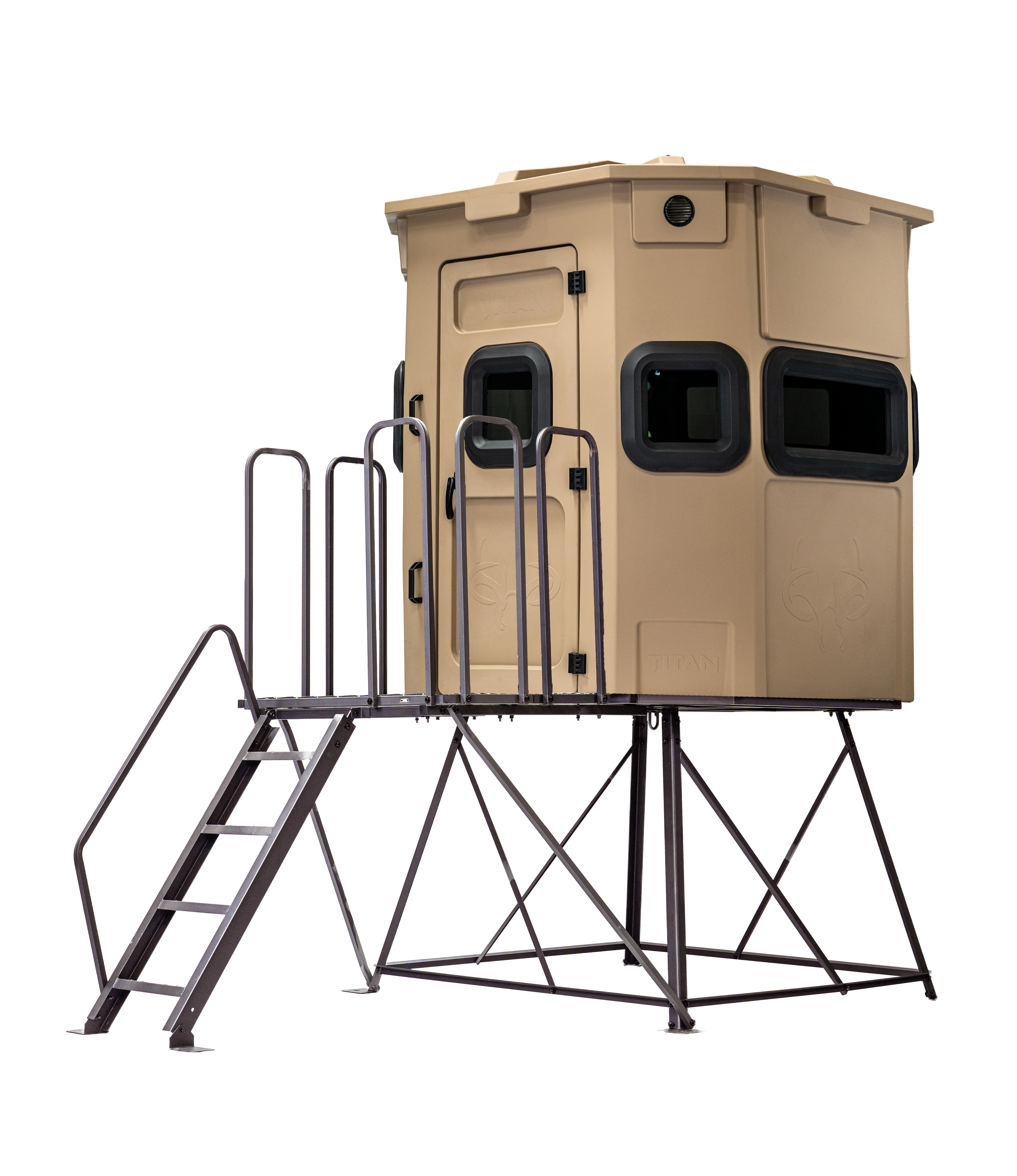Titan Pro Rifle Blind in desert storm tan, mounted on a 4ft tower with ladder and extension