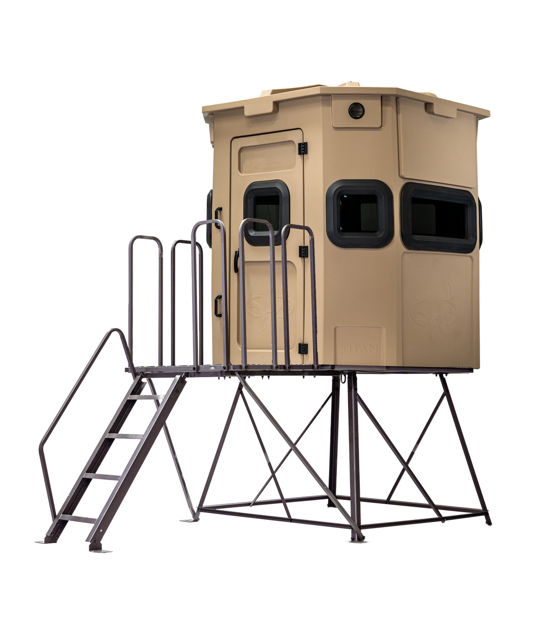 Titan Pro Rifle Blind in desert storm tan, mounted on a 4ft tower with ladder and extension
