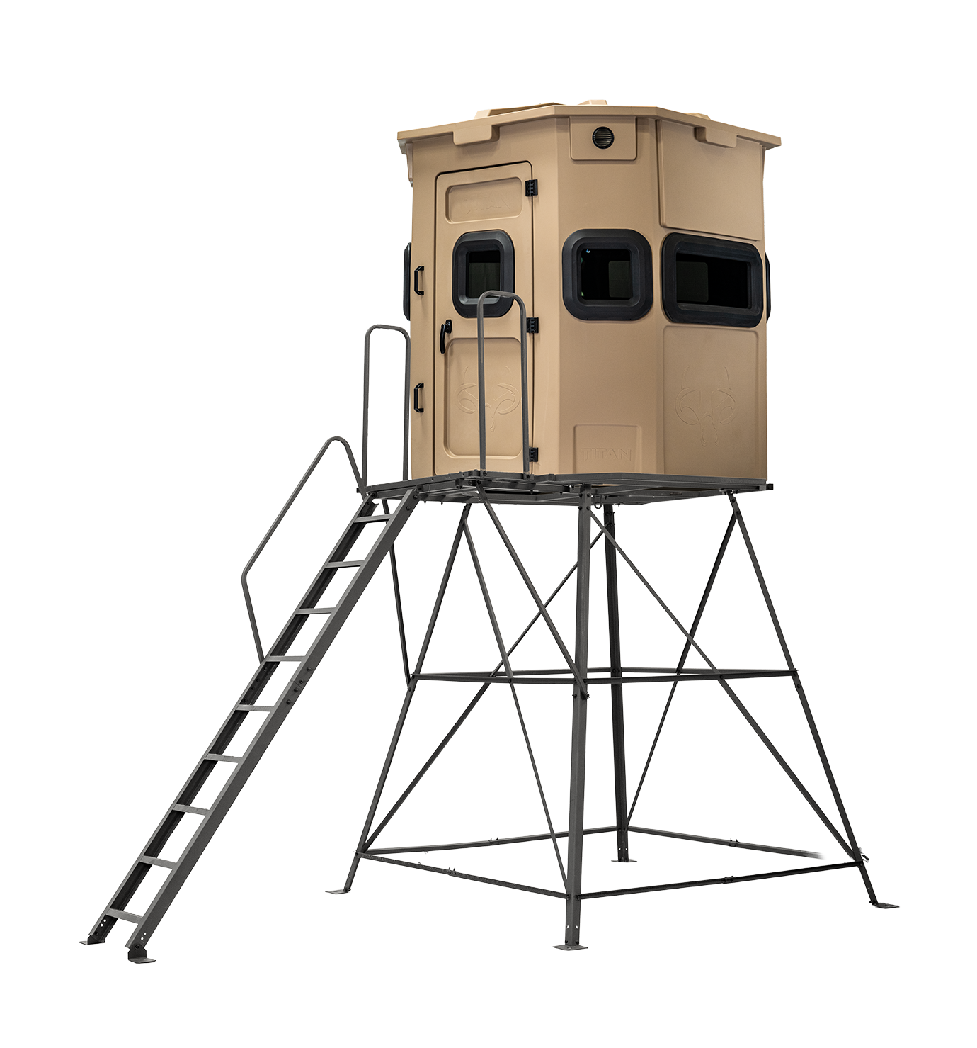 Titan Pro Rifle Blind in desert storm tan, mounted on a 8ft tower with ladder