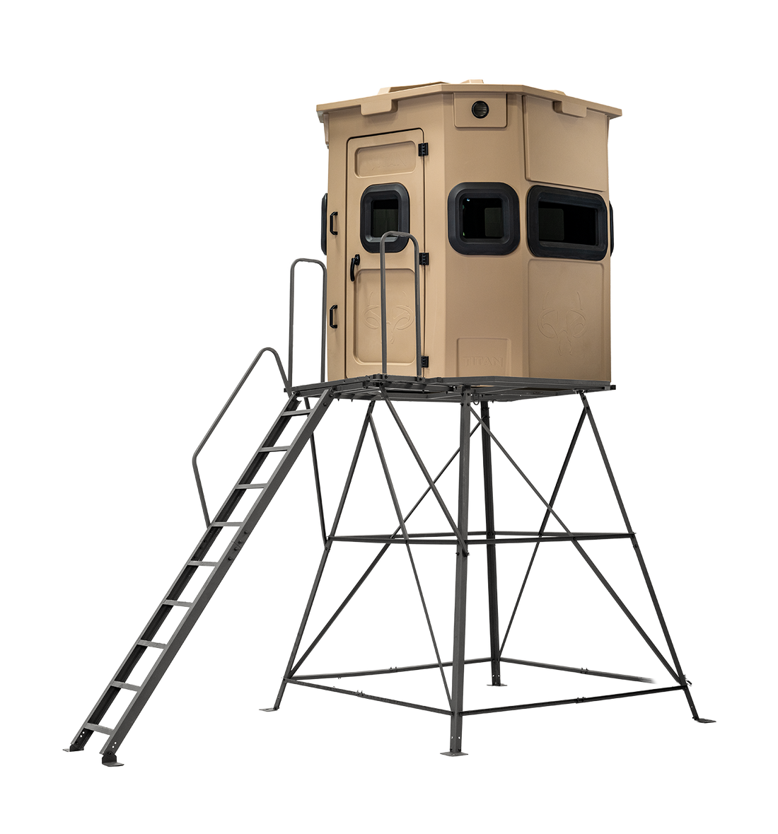 Titan Pro Rifle Blind in desert storm tan, mounted on a 8ft tower with ladder
