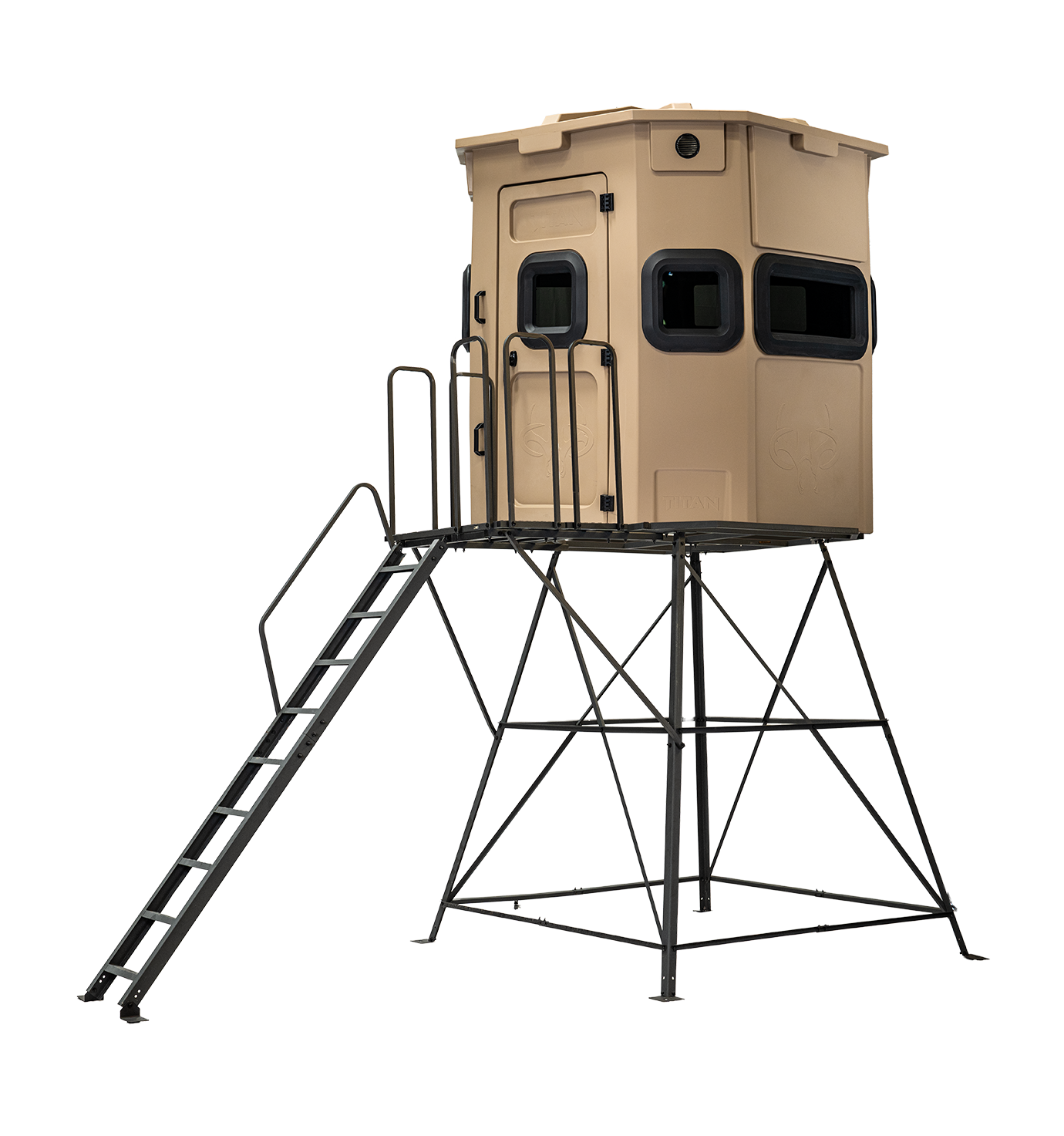 Titan Pro Rifle Blind in desert storm tan, mounted on a 8ft tower with ladder and extension