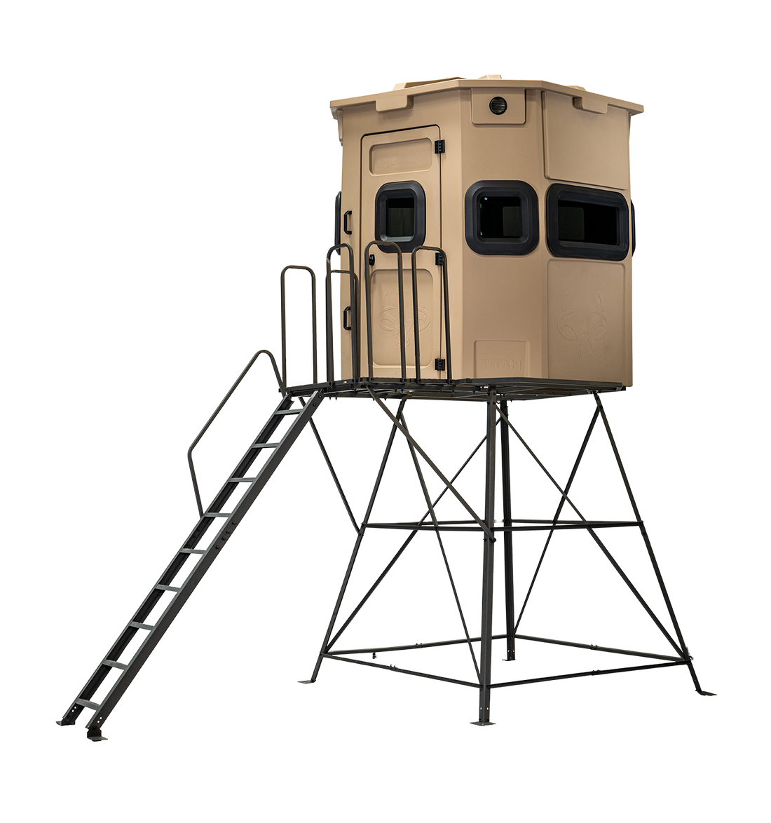 Titan Pro Rifle Blind in desert storm tan, mounted on a 8ft tower with ladder and extension