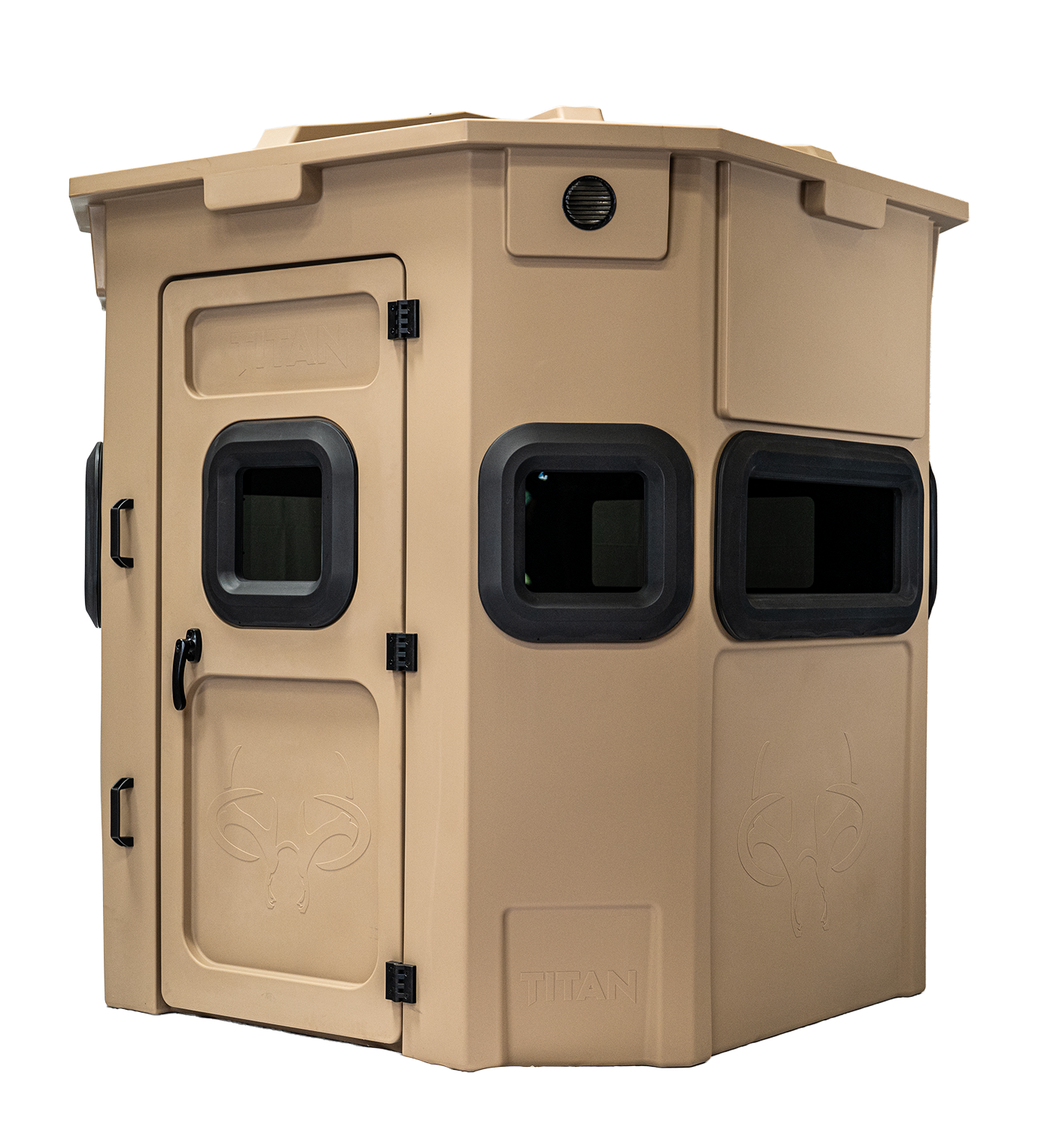 Titan Pro Rifle Blind in desert storm tan, front view, ground level
