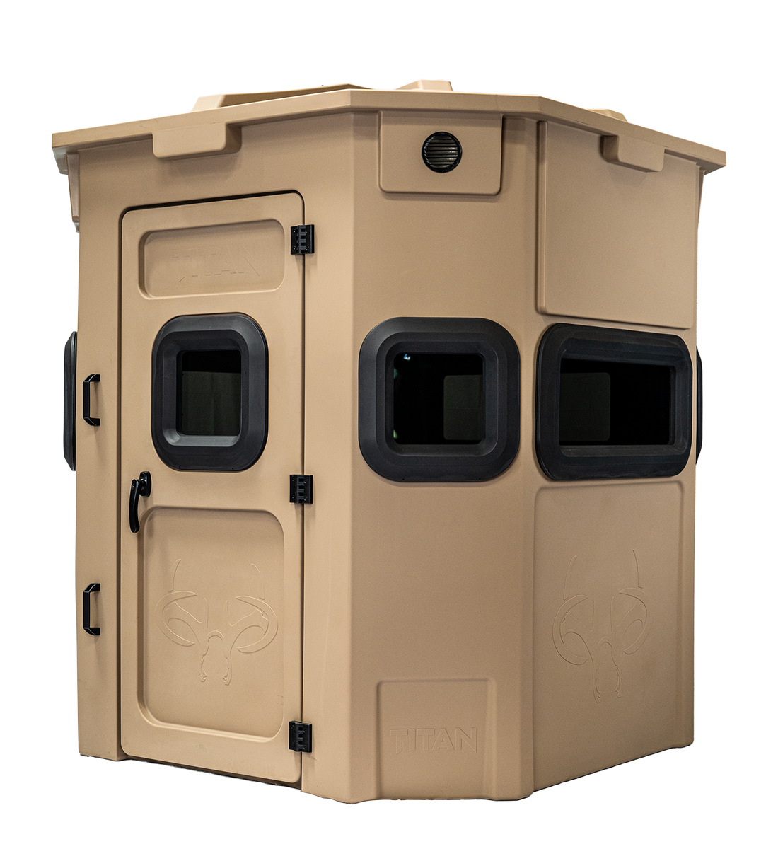 Titan Pro Rifle Blind in desert storm tan, front view, ground level