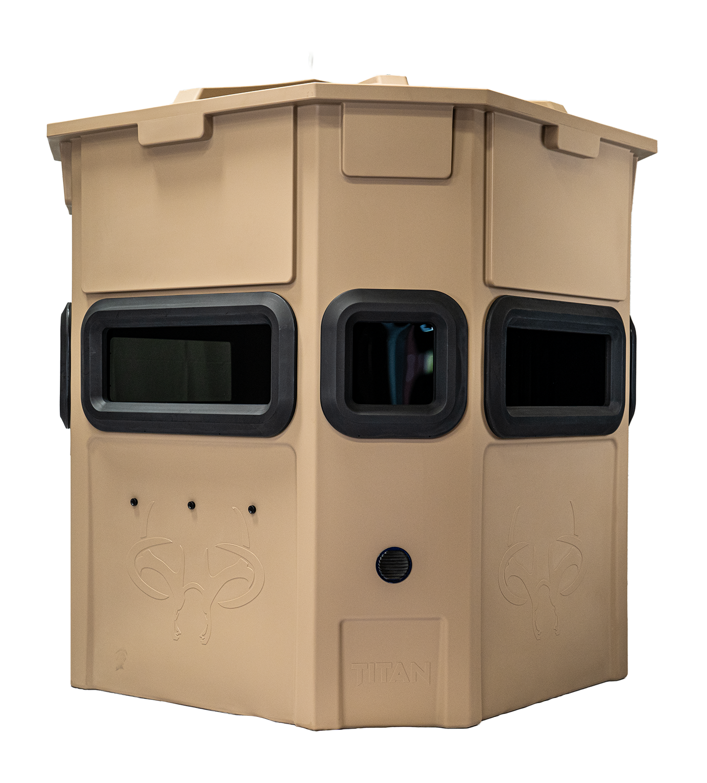 Titan Pro Rifle Blind in desert storm tan, rear view, ground level