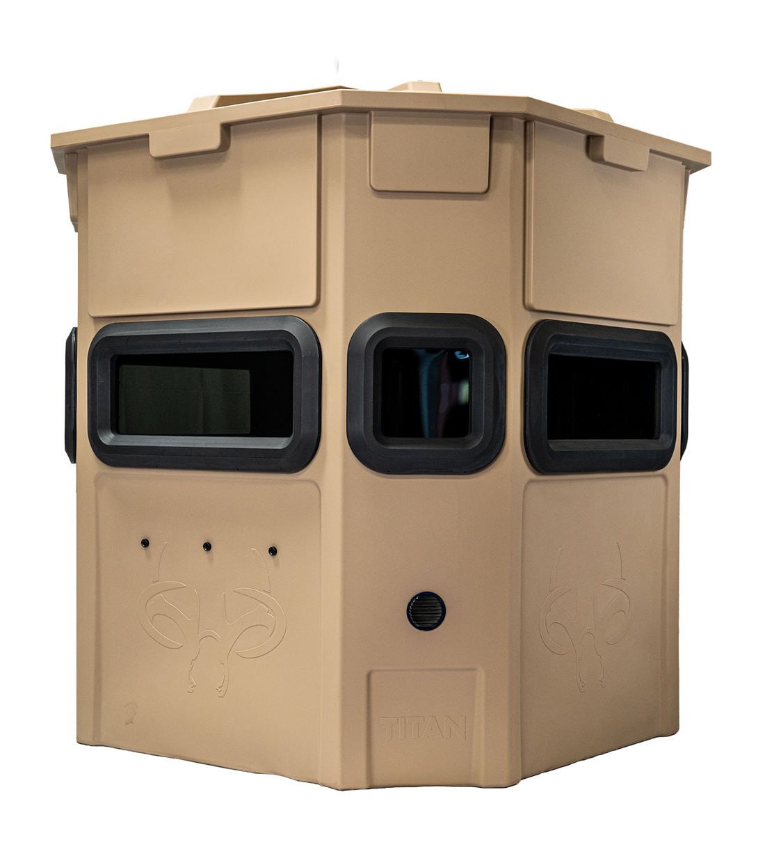 Titan Pro Rifle Blind in desert storm tan, rear view, ground level