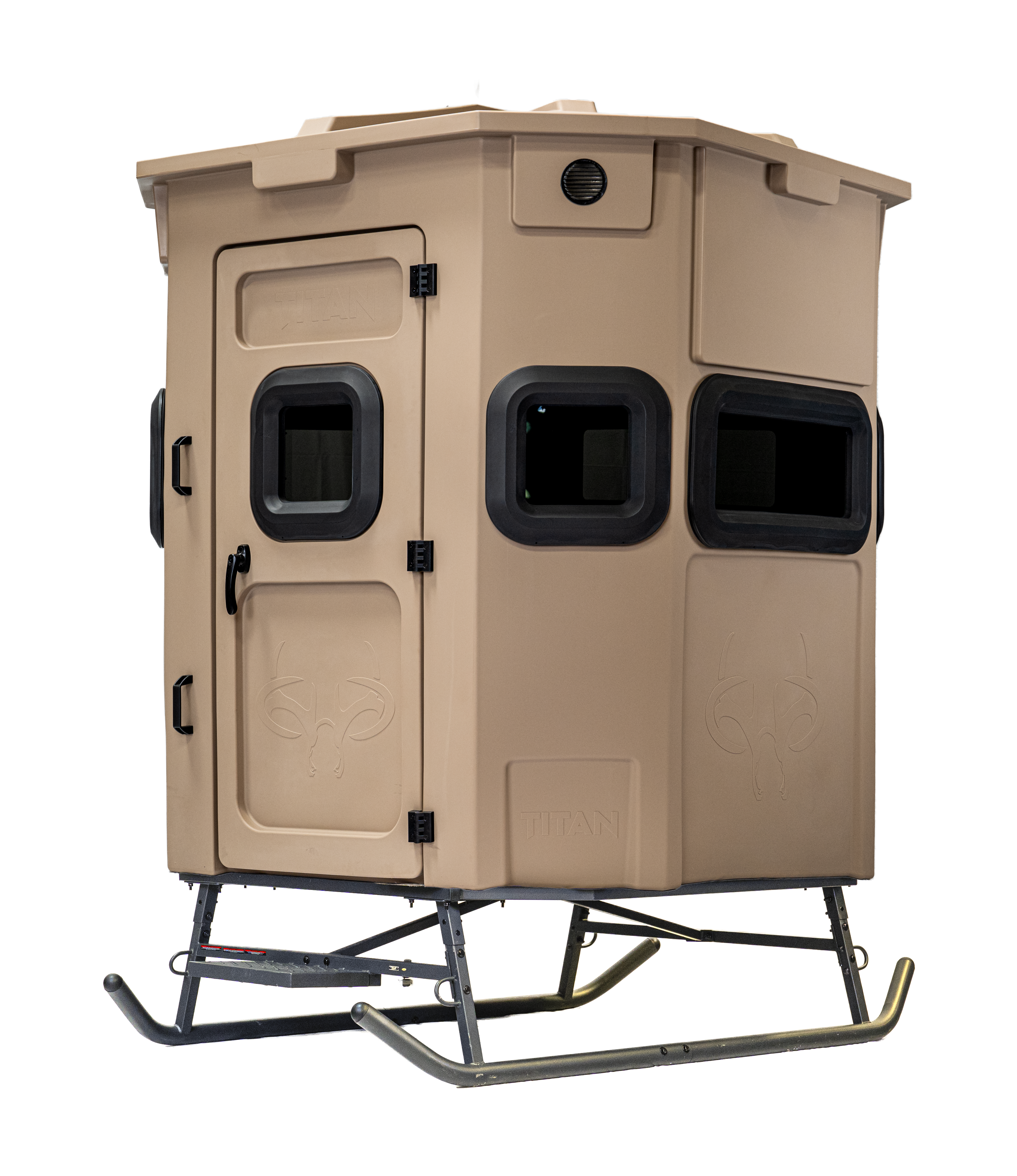 Titan Pro Rifle Blind in desert storm tan, set up on a metal skid base