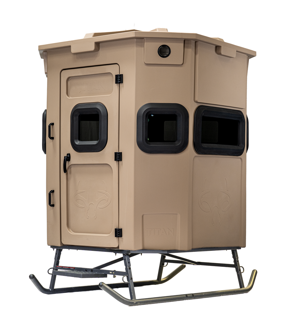 Titan Pro Rifle Blind in desert storm tan, set up on a metal skid base
