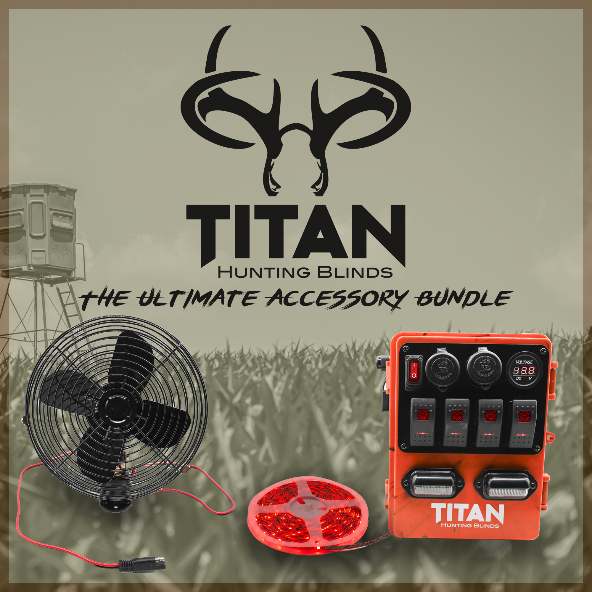 Titan Hunting Blinds The Hunting Blind Power Bundle, orange accessory bundle with cooling fan, LED light, and control panel