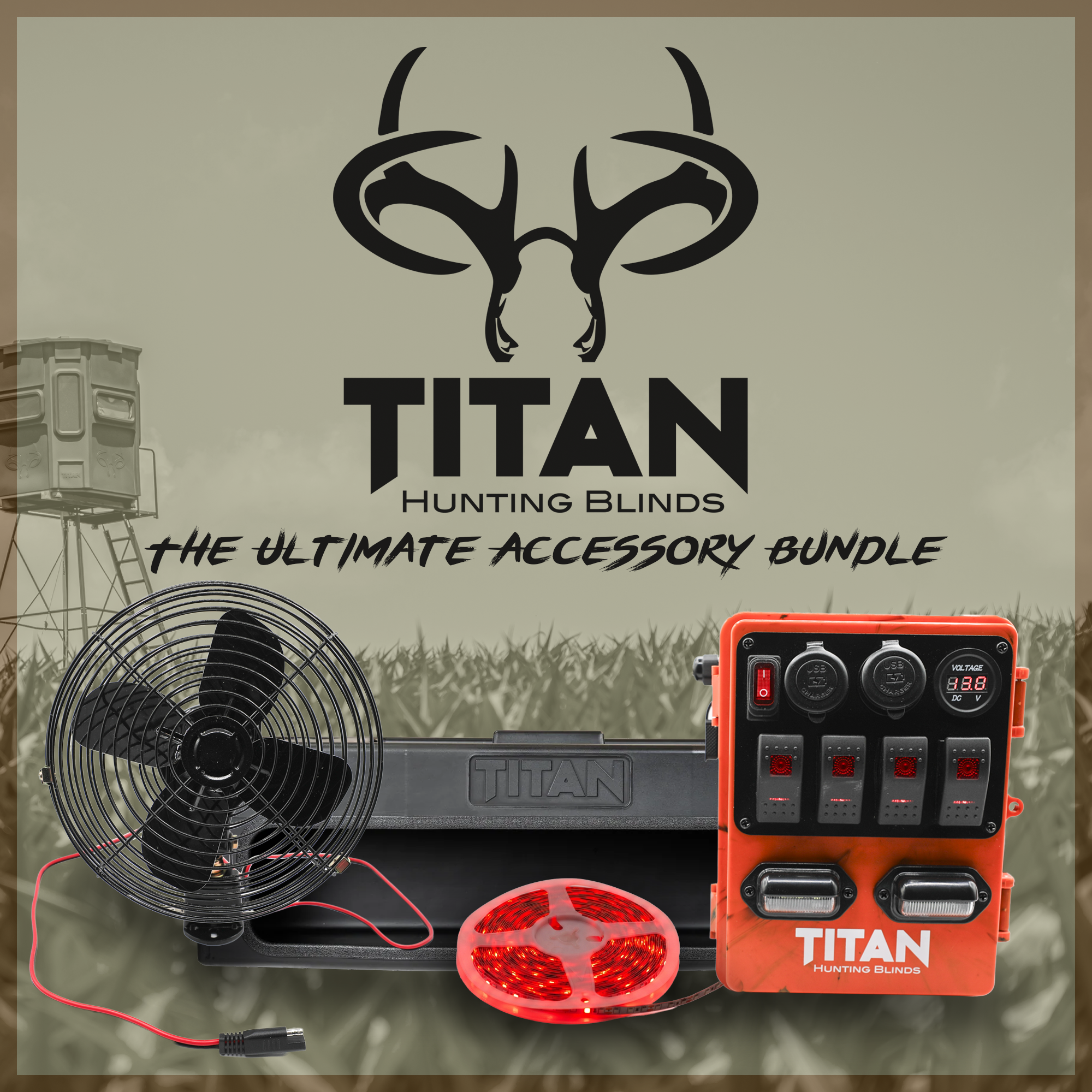 Titan Hunting Blinds The Ultimate Hunting Blind Power Bundle, orange accessory bundle with cooling fan, LED light, and control panel