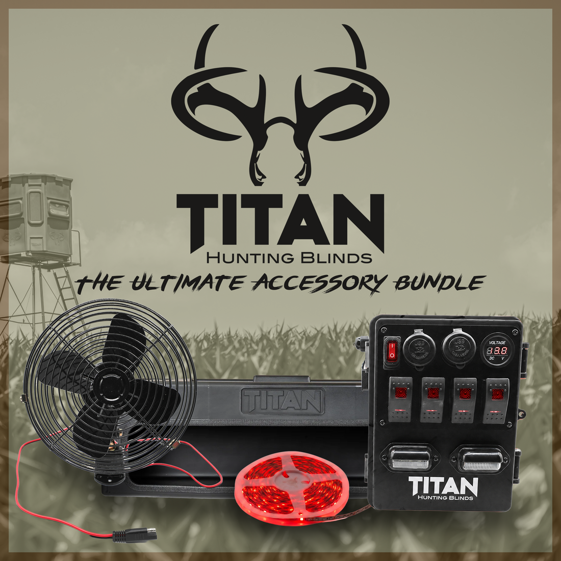 Titan Hunting Blinds accessory bundle featuring a black cooling fan, a red LED light, and a black temperature controller, displayed against a camouflage hunting blind background with the Titan logo.