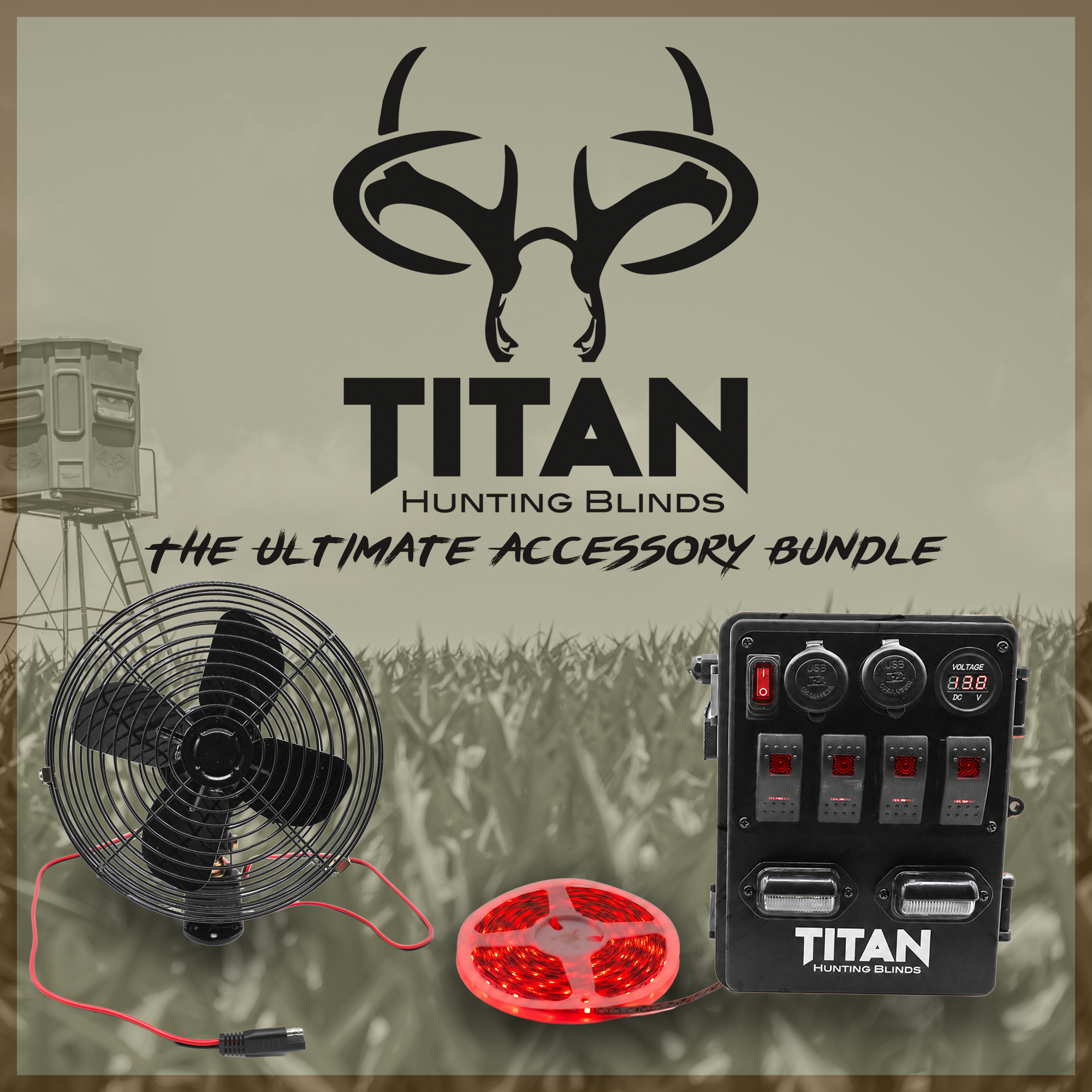 Promotional graphic for the Titan Hunting Blinds 'The Ultimate Accessory Bundle,' showing a black cooling fan, a red LED light strip, and a black blind control panel against a camouflage hunting-stand background with the Titan logo and text.
