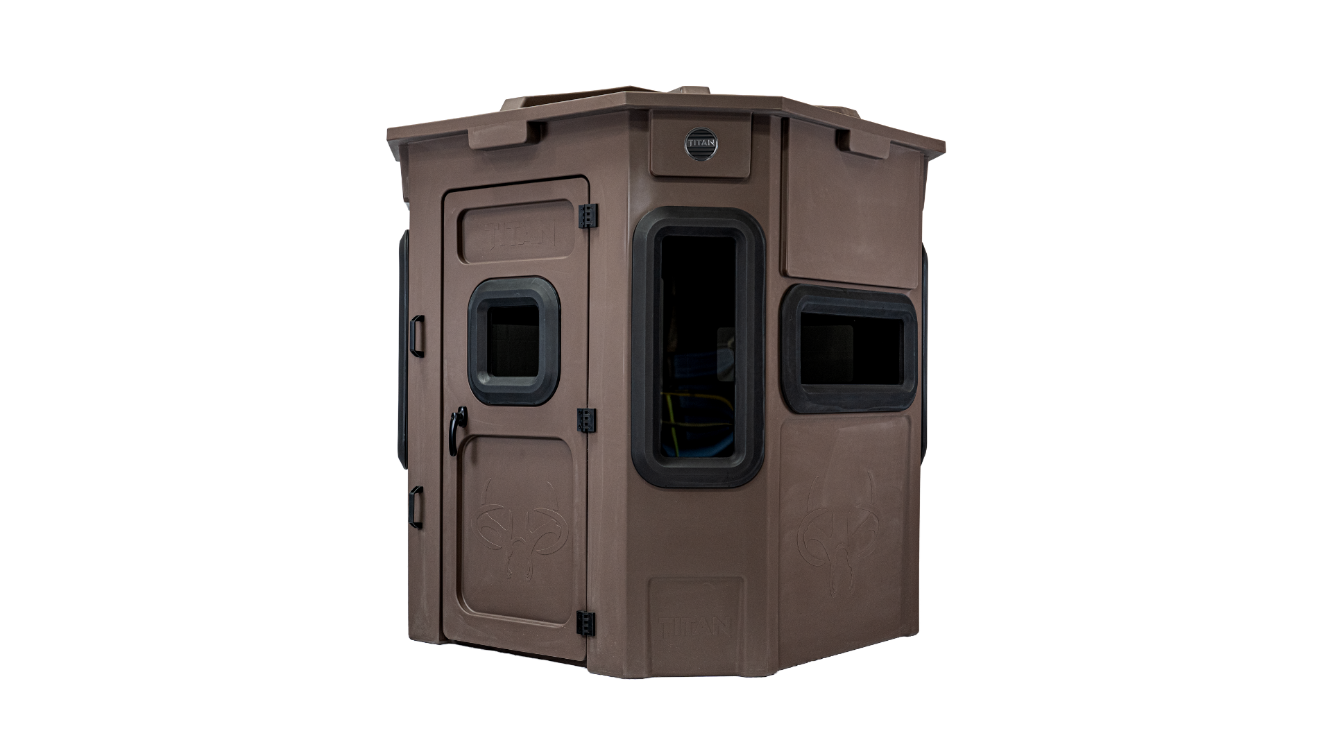 Three quarter angle of a titan hunting pro-combo blind with the door visible.