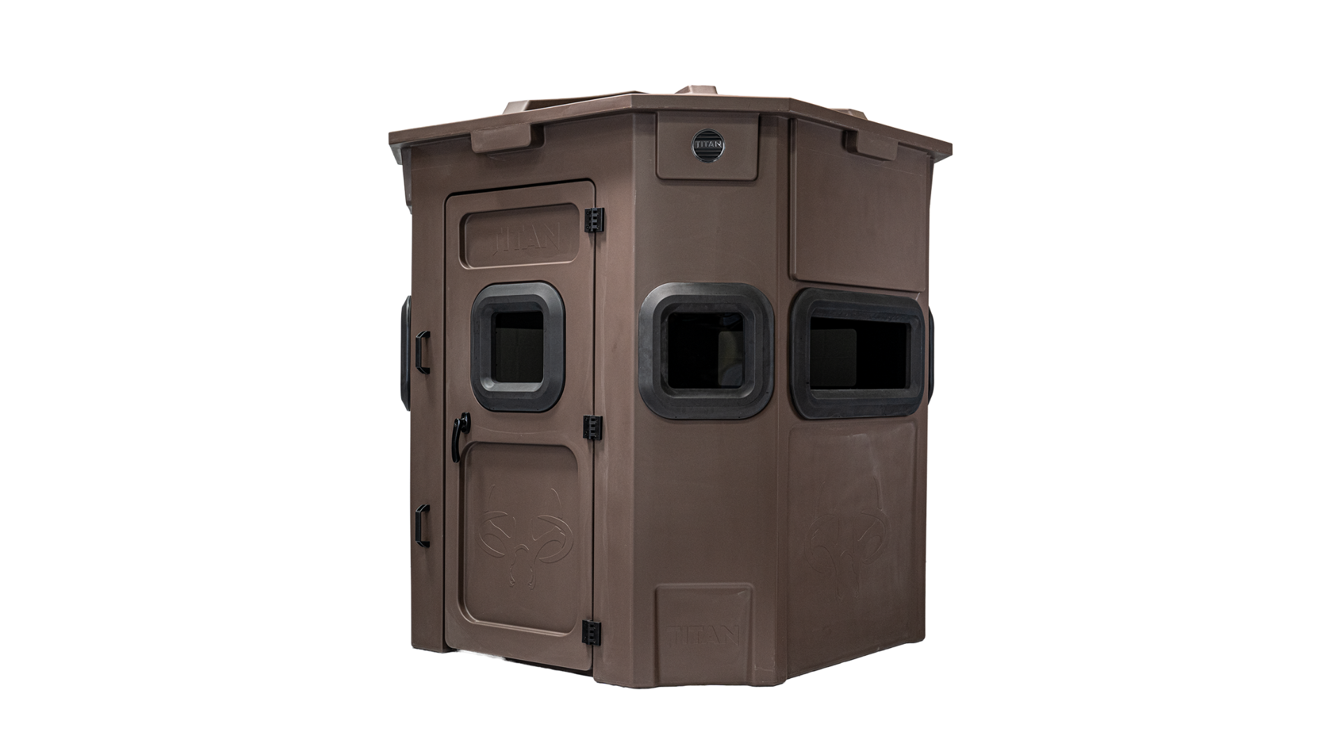 Three quarter angle of a titan hunting pro-rifle blind with the door visible.