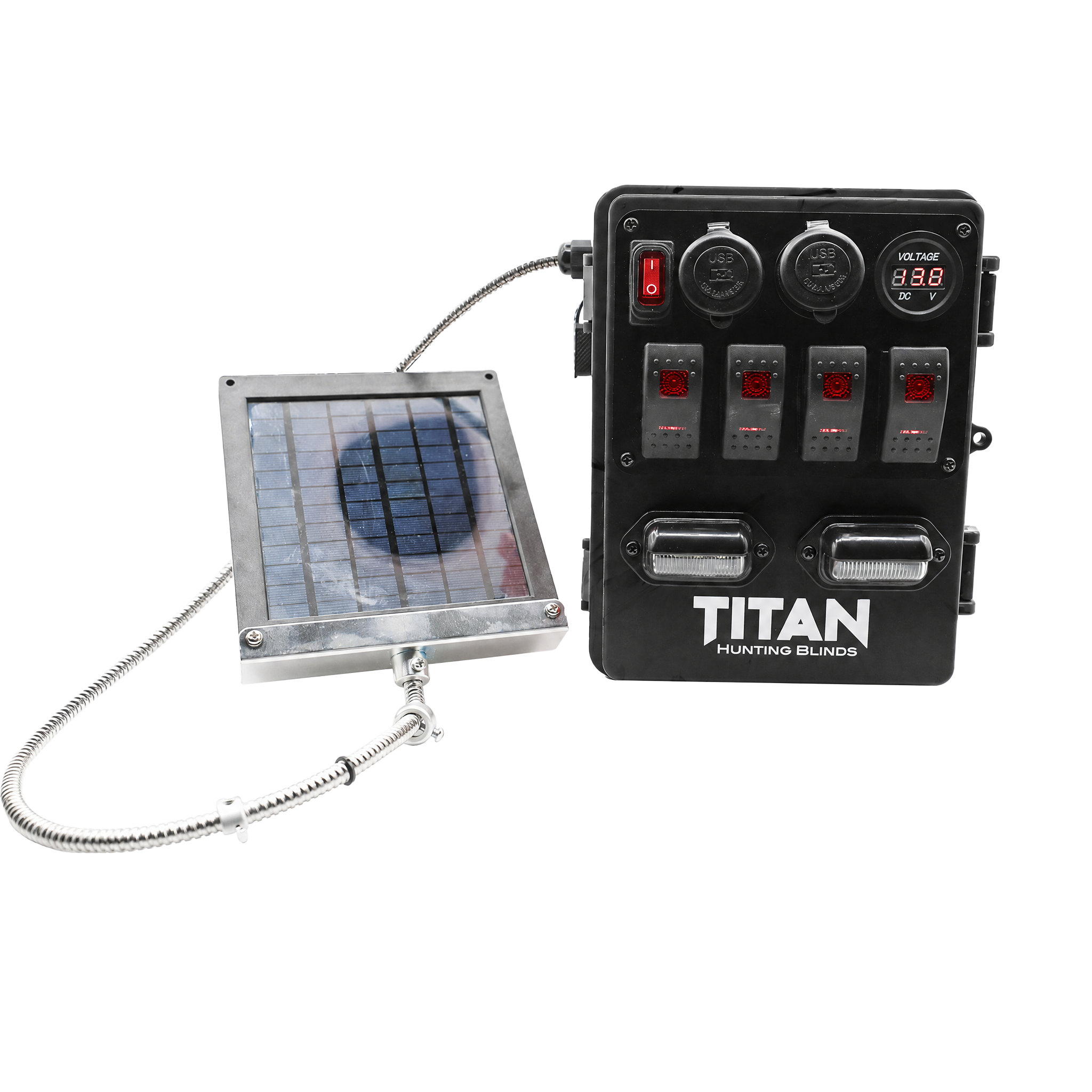 A black TITAN Hunting Blinds solar power unit with four outlets and a digital display, connected to a square solar panel on a white background.