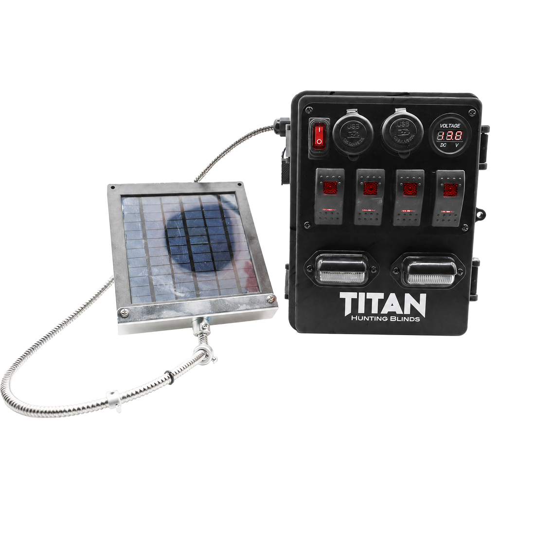 A black TITAN Hunting Blinds solar power unit with four outlets and a digital display, connected to a square solar panel on a white background.