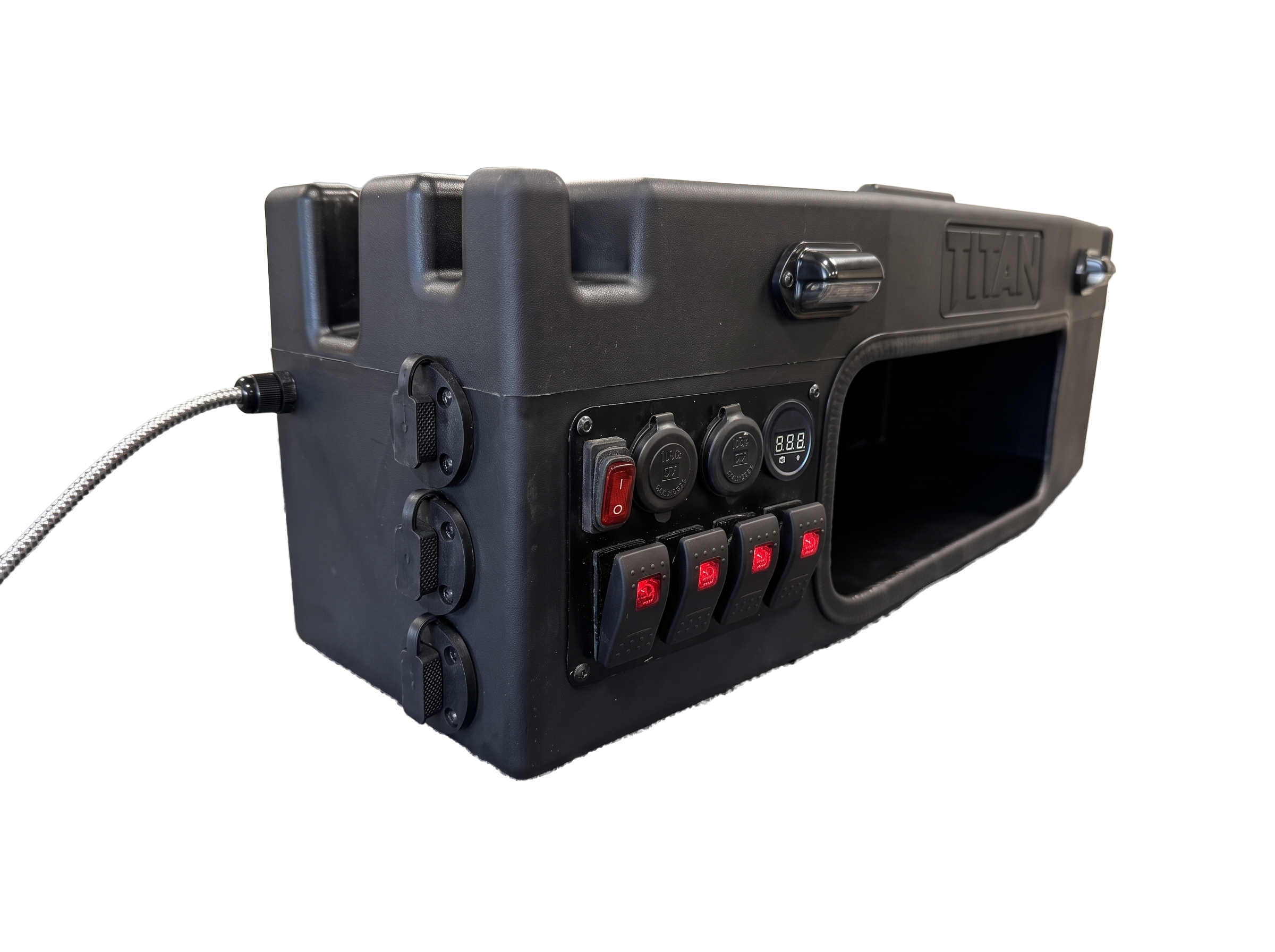 A rugged black tactical hard case with a built-in control panel featuring rocker switches, power outlets, and a large front cutout, shown on a plain white background.