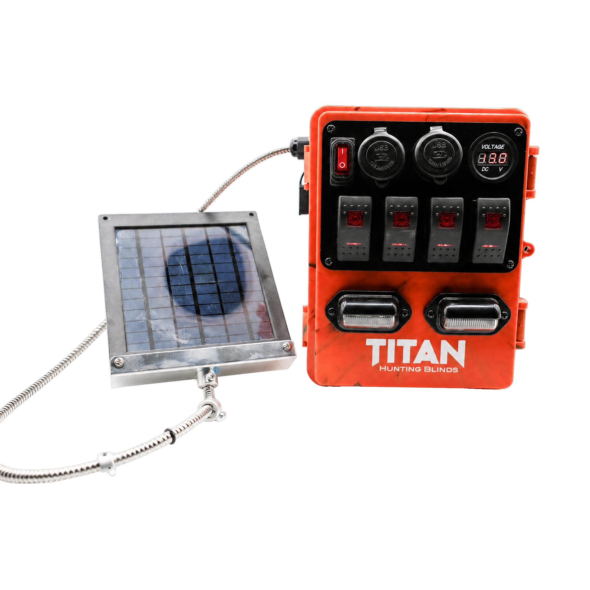 An orange TITAN Hunting Blinds power unit with multiple switches and outlets, shown next to a small solar panel on a white background.