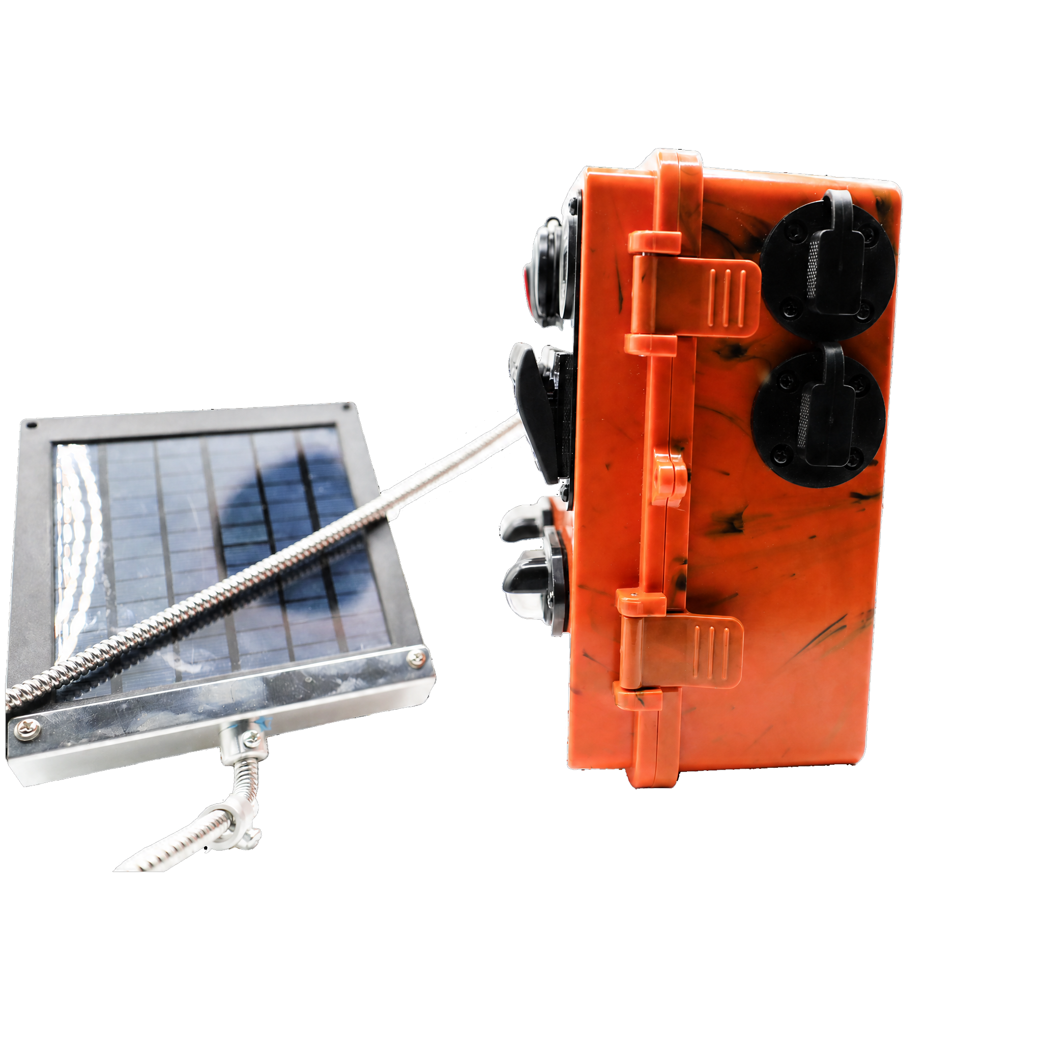 An orange solar-powered outdoor power distribution box with two black outlets, connected to a small square solar panel with a silver cable on a white background.