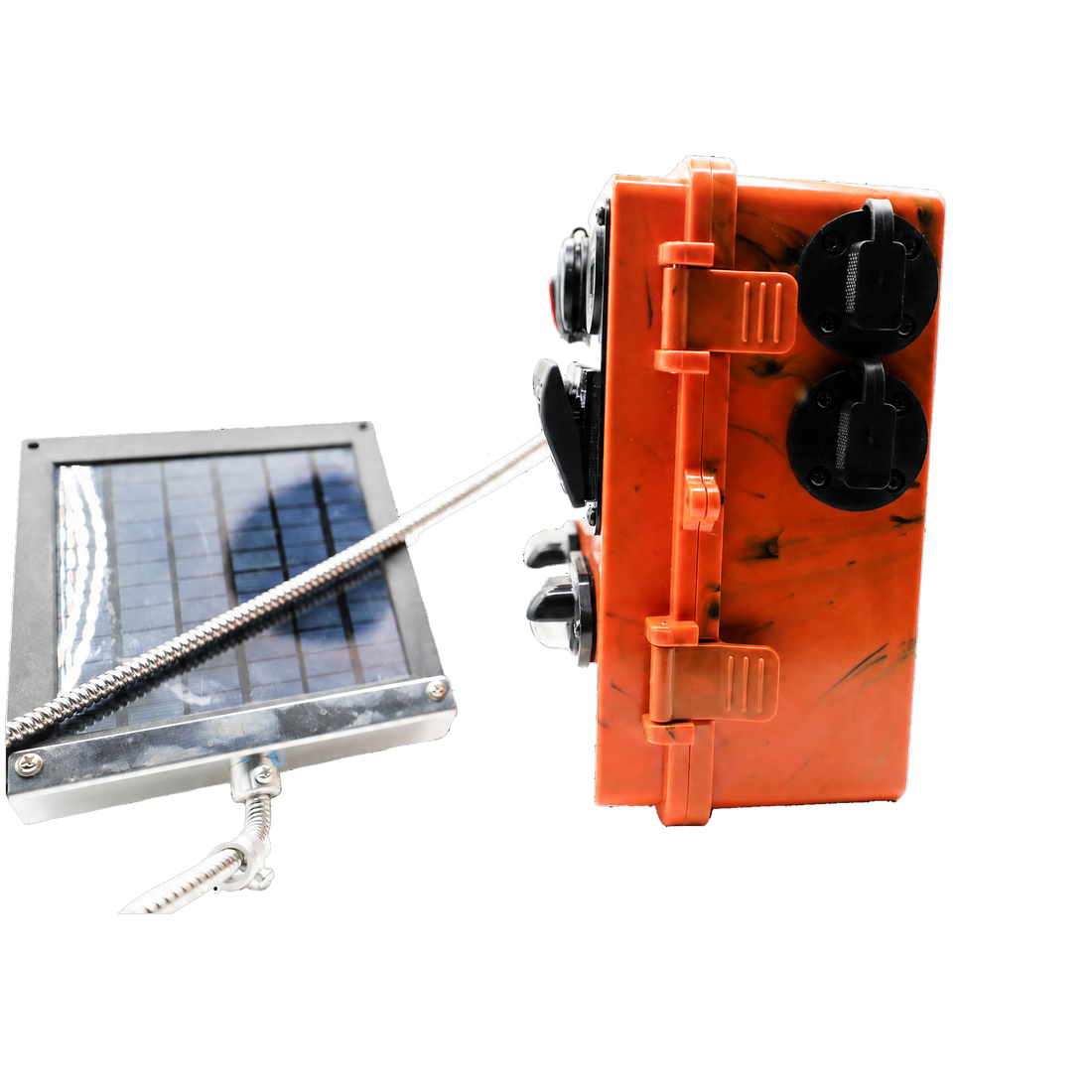 An orange solar-powered outdoor power distribution box with two black outlets, connected to a small square solar panel with a silver cable on a white background.