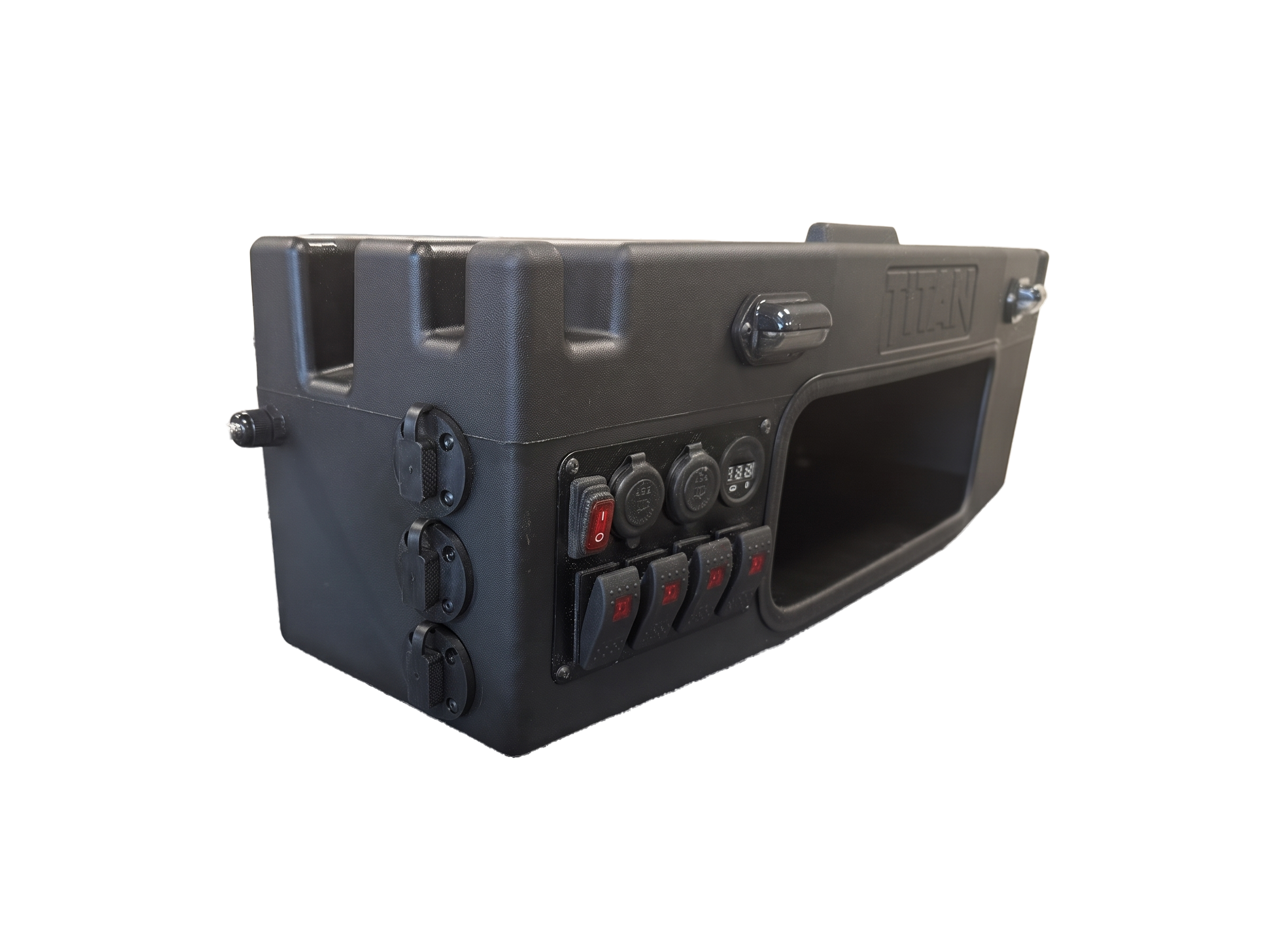 A rugged black plastic electrical box with multiple switches, outlets, and a power connection port, shown on a plain white background.